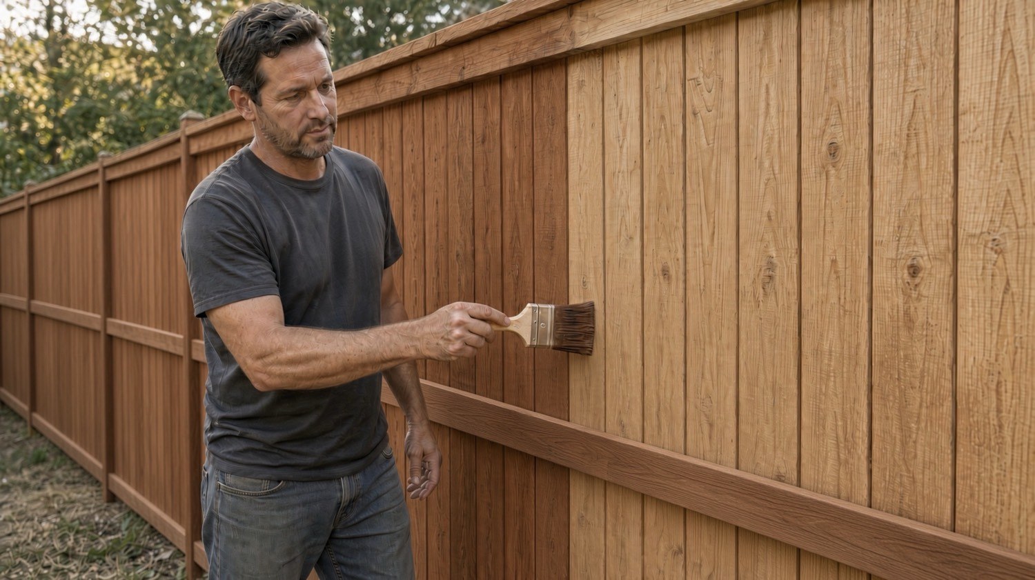 Brushing stain into a new cedar fence, halfway down the run