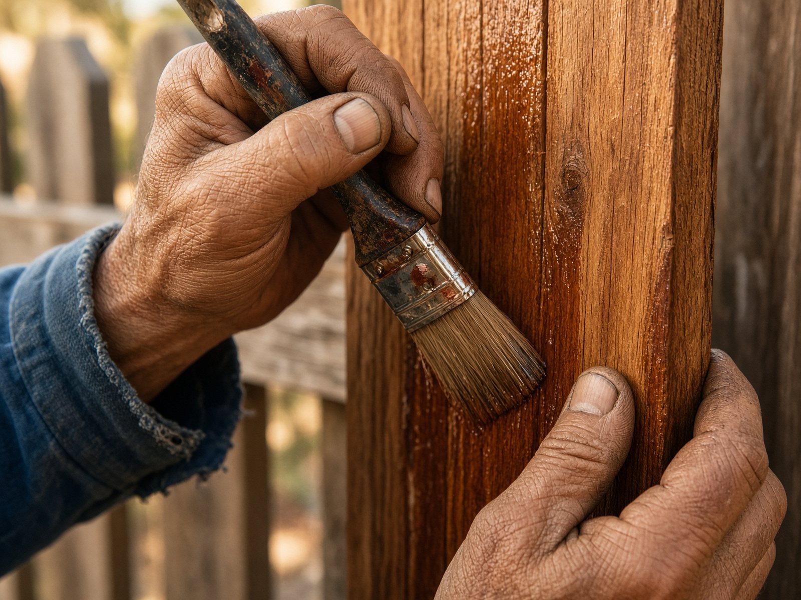 Craftsman’s hands brushing cedar stain into fence grain