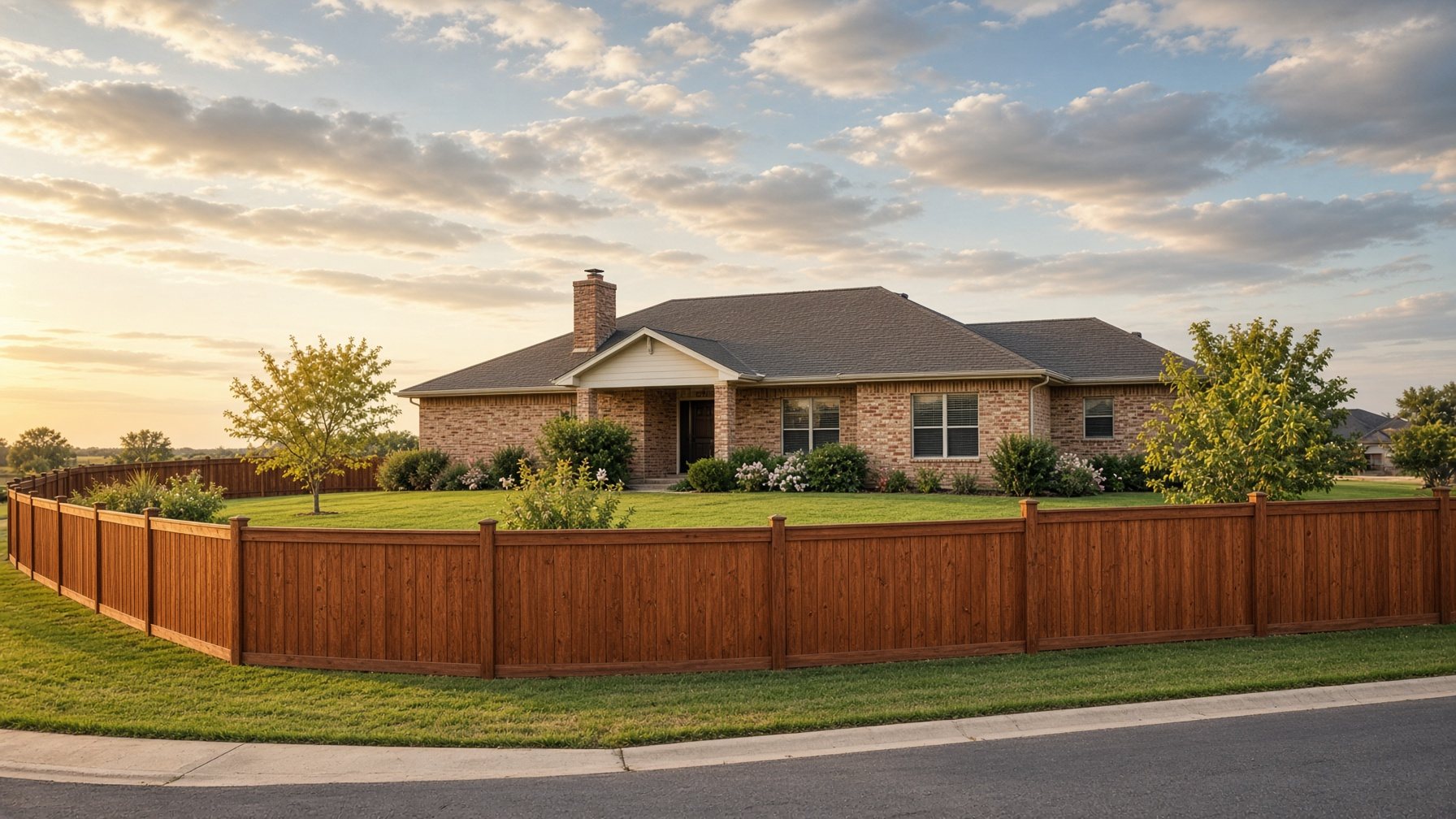 Oklahoma City ranch home with a long stained cedar fence